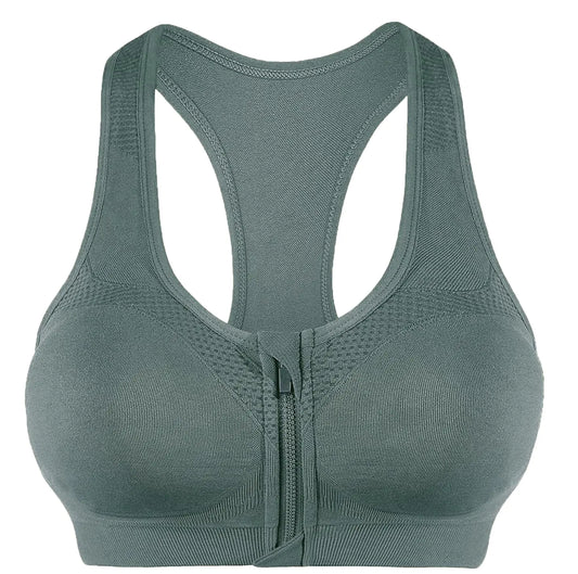 AKAMC Womens Zip Front Sports Bra Seamless Post-Surgery Bra Active Yoga Sports BrasMedium