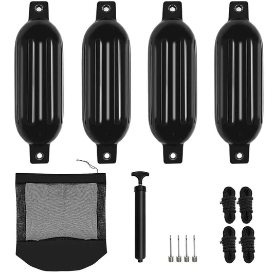 GDHSWJ Boat Fenders Boat Bumpers for Docking 4 Pack Boat Fender 6.5" x 23" Boat Buoys Bumpers with 4 Ropes 4 Needles and 1 Pump for Pontoon Boat Speed Boats Sail Boat DocksBlack