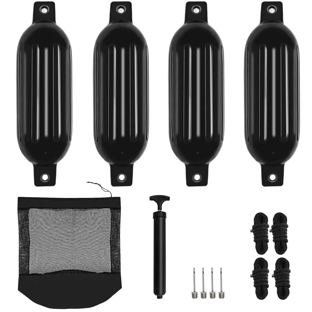 GDHSWJ Boat Fenders Boat Bumpers for Docking 4 Pack Boat Fender 6.5" x 23" Boat Buoys Bumpers with 4 Ropes 4 Needles and 1 Pump for Pontoon Boat Speed Boats Sail Boat DocksBlack